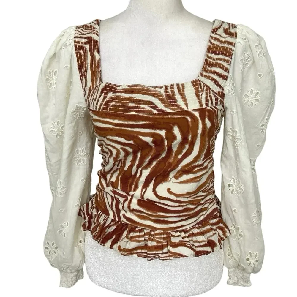 Anthropologie Love The Label Puff Sleeve Eyelet Smocked Top XS Boho Cottage
